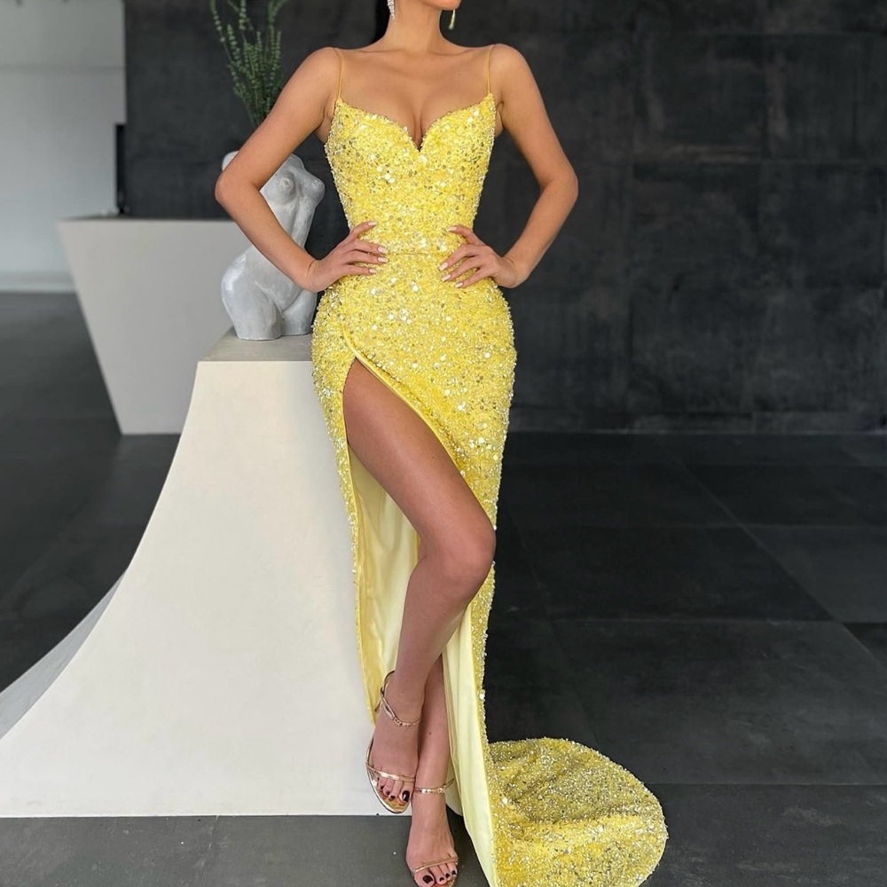 DBRBRIDAL Modern Yellow Prom Dress Mermaid Split Dress Size 2